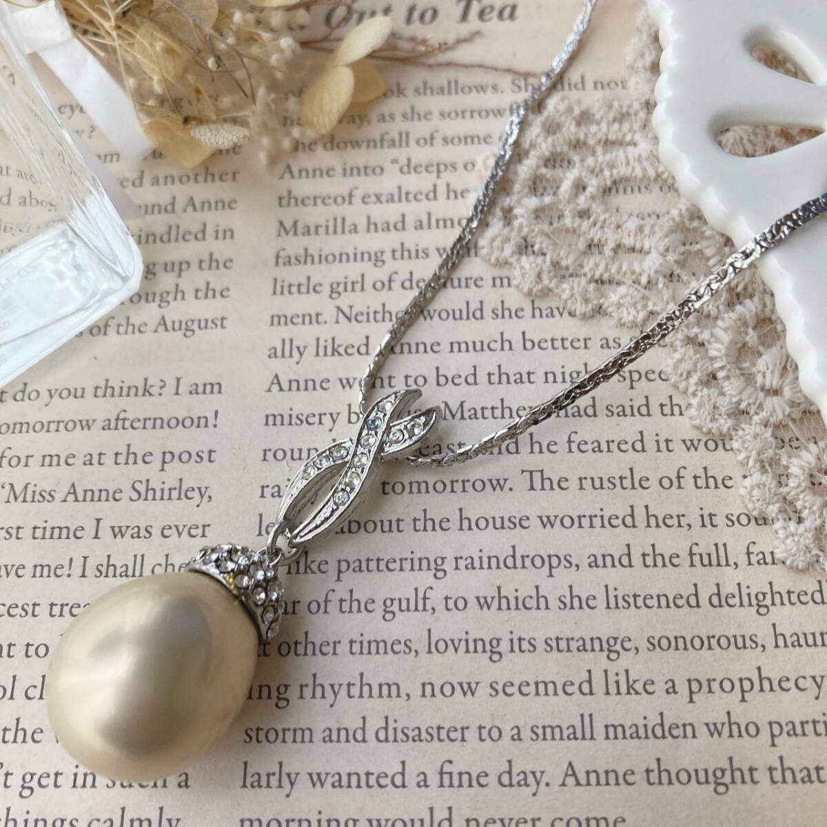 ネックレス パール 一粒 大玉 ラインストーン シルバー キラキラ☆vintage jewelry accessoriesR0982 拍卖