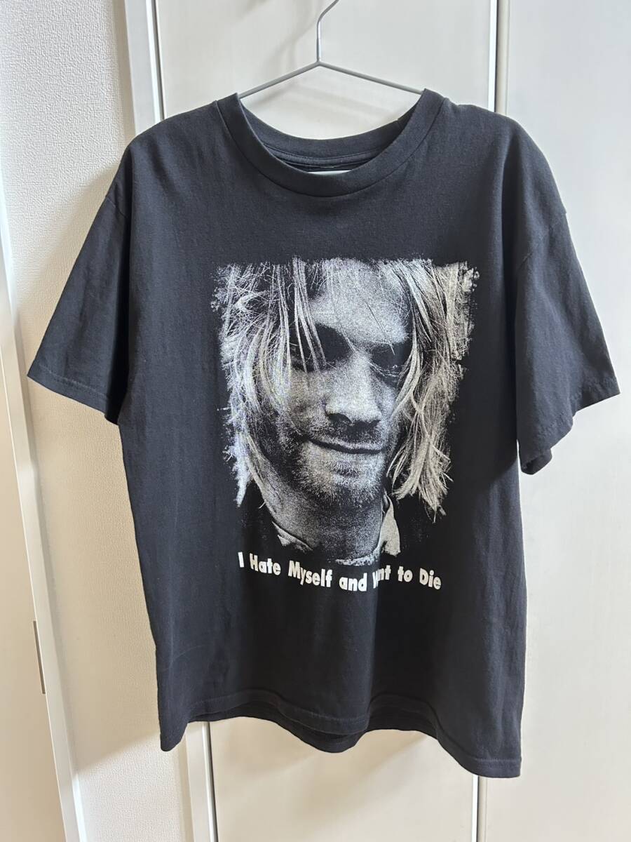 NIRVANA ニルヴァーナ KURT COBAIN カートコバーンTシャツ SIZE Mくらいタグ欠損 使用感有り 黒 メッセージ拍卖