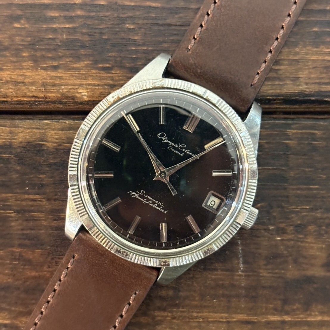6633 オーバーホール済/ベルト交換/オリエント/オリンピアカレンダー/スイマー/SS/ブラック/19石/ヴィンテージ/ORIENT/OLYMPIASWIMMER拍卖