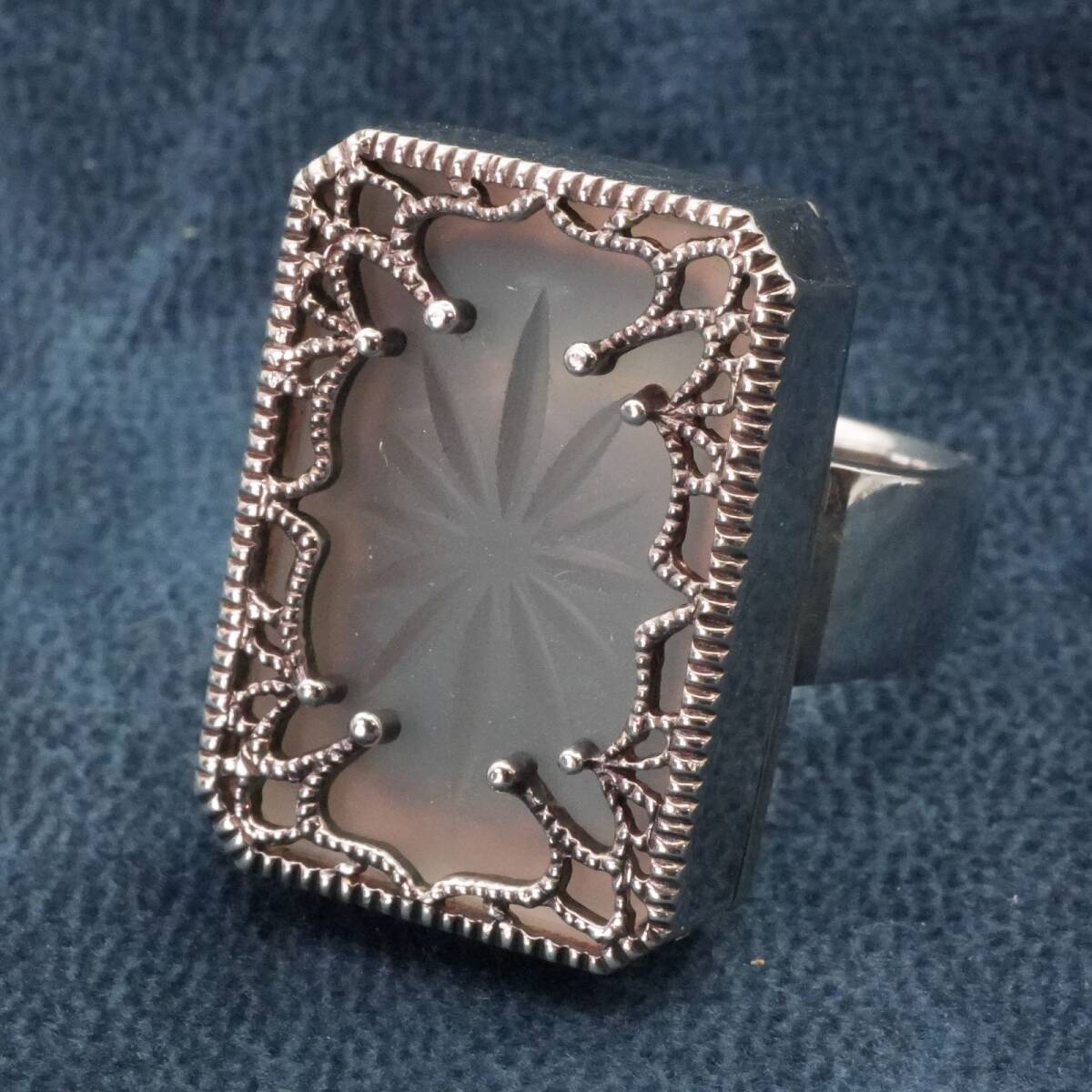 アガット スクエア ストーン リング アンティーク ガラス 切子/25-761S拍卖