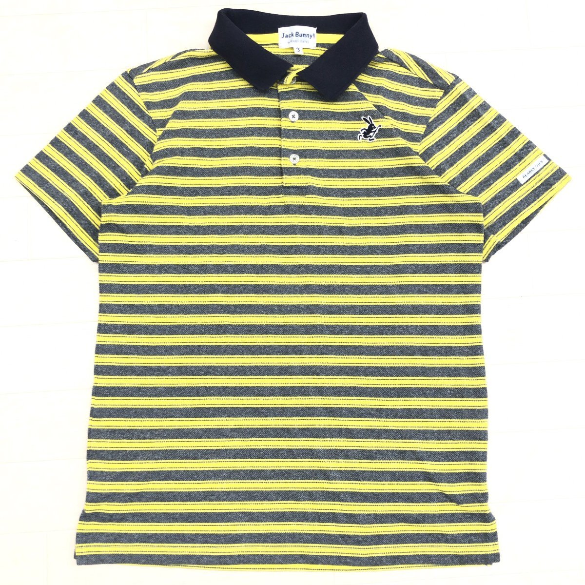美品 Jack Bunny ジャックバニー パーリーゲイツ ボーダー 鹿の子 ゴルフシャツ 3(S) グレー×黄色 半袖 ポロシャツ Tシャツ メンズ 紳士拍卖