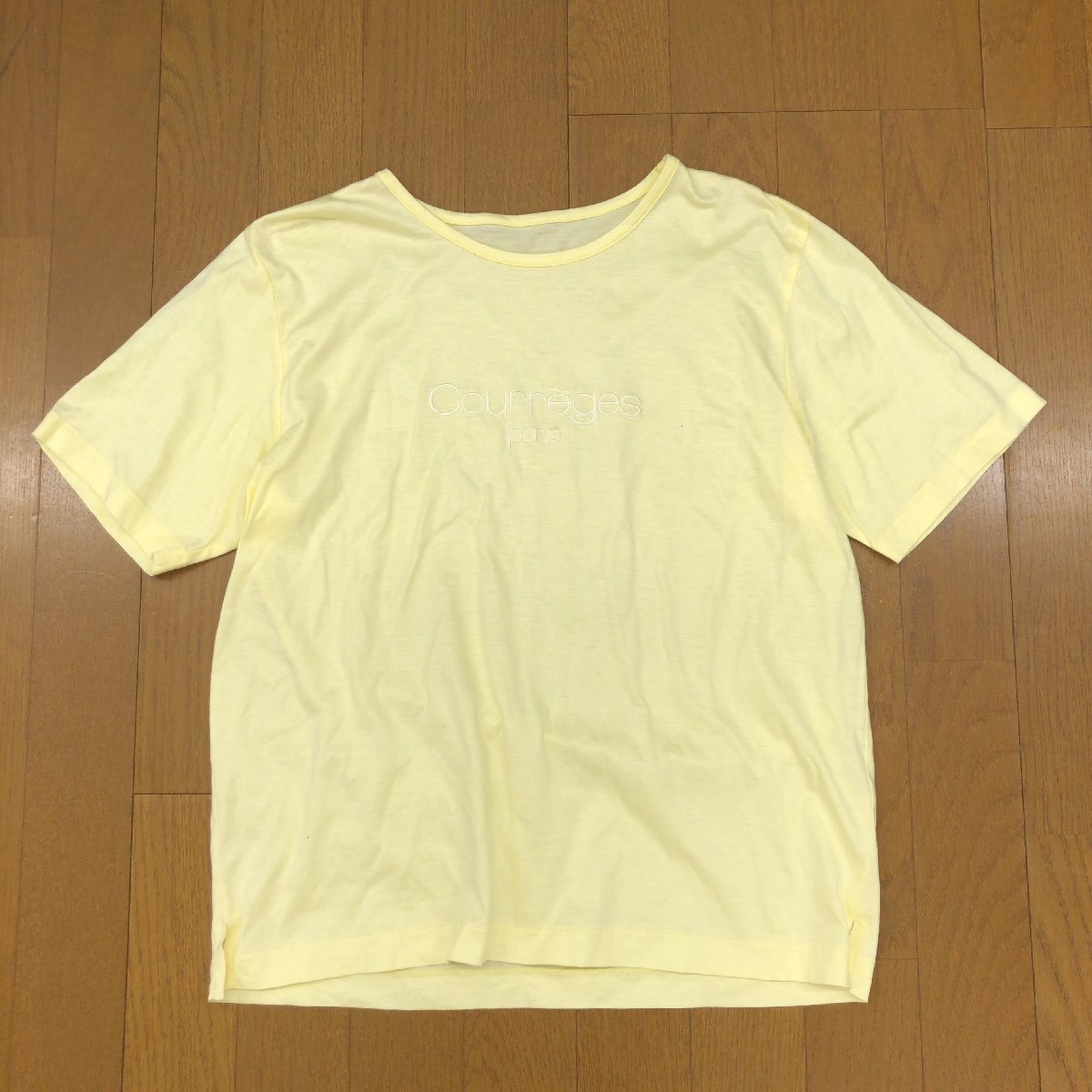 Courreges クレージュ ヴィンテージ コットン100% ロゴ刺繍 カットソー 9R(M相当) イエロー Tシャツ 半袖 レディース 婦人 古着拍卖