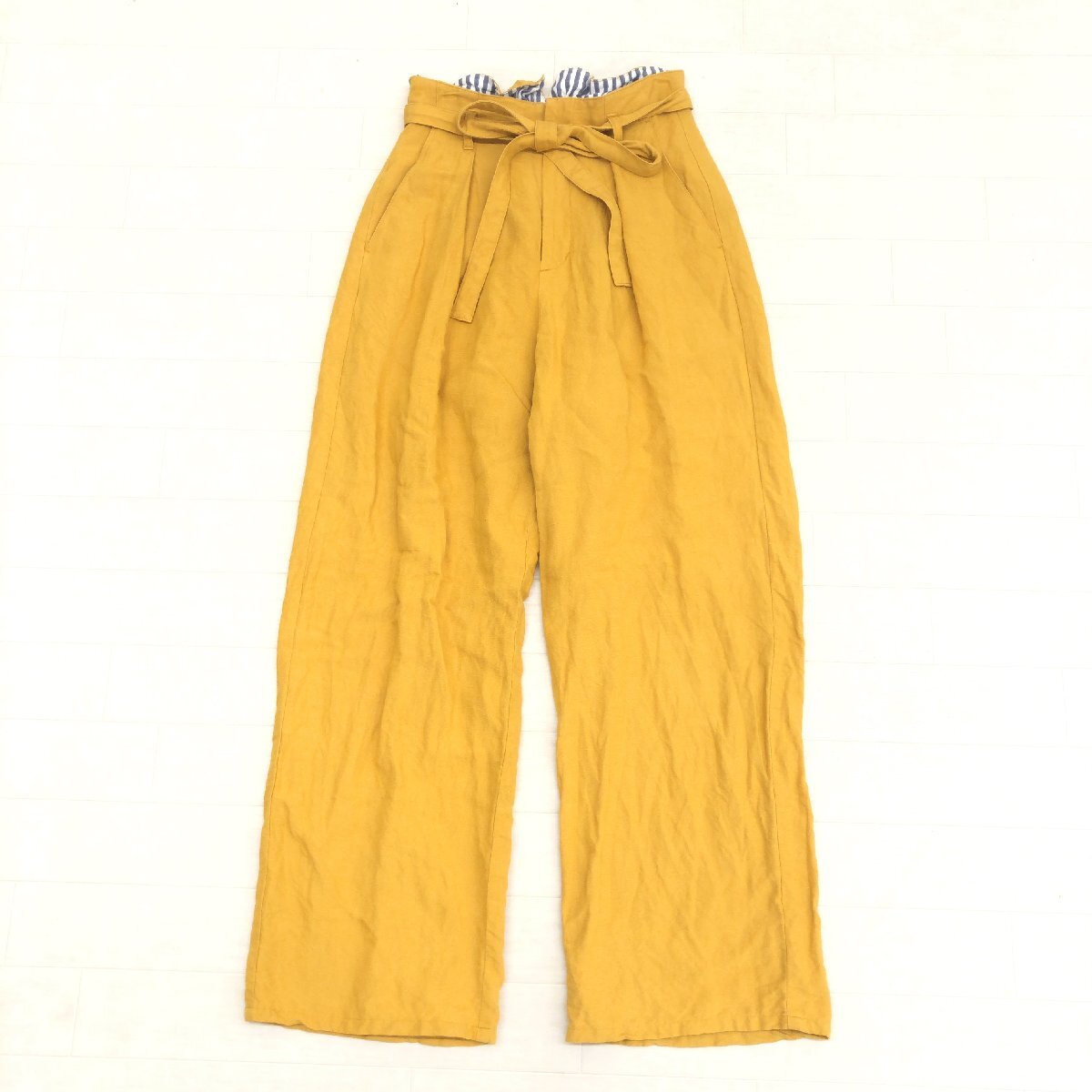 LANVIN en Bleu ランバンオンブルー 麻 リネン セミワイド タック スラックス パンツ 36 からし マスタード 日本製 イージー ワイドパンツ拍卖