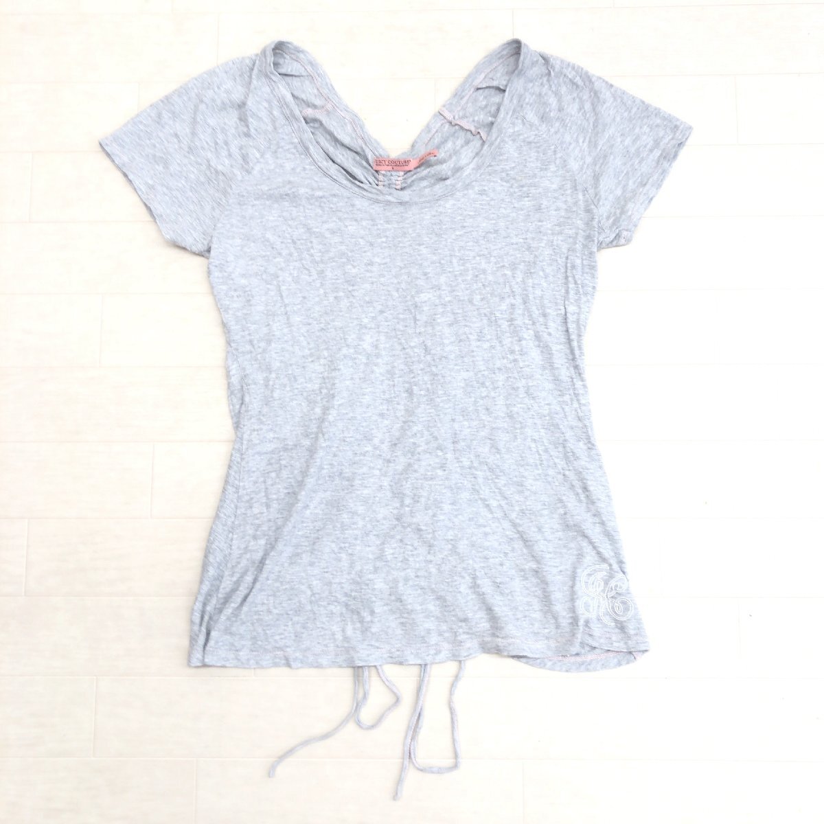 JUICY COUTURE ジューシークチュール バックギャザー ラウンドネック カットソー S グレー 半袖 Tシャツ ロゴ刺繍 レディース 女性用拍卖