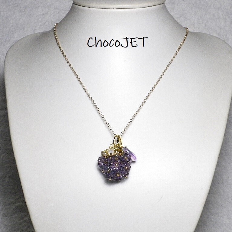 チェコビーズ2wayフラワーネックレス パープル 花紫色 枝垂桜拍卖