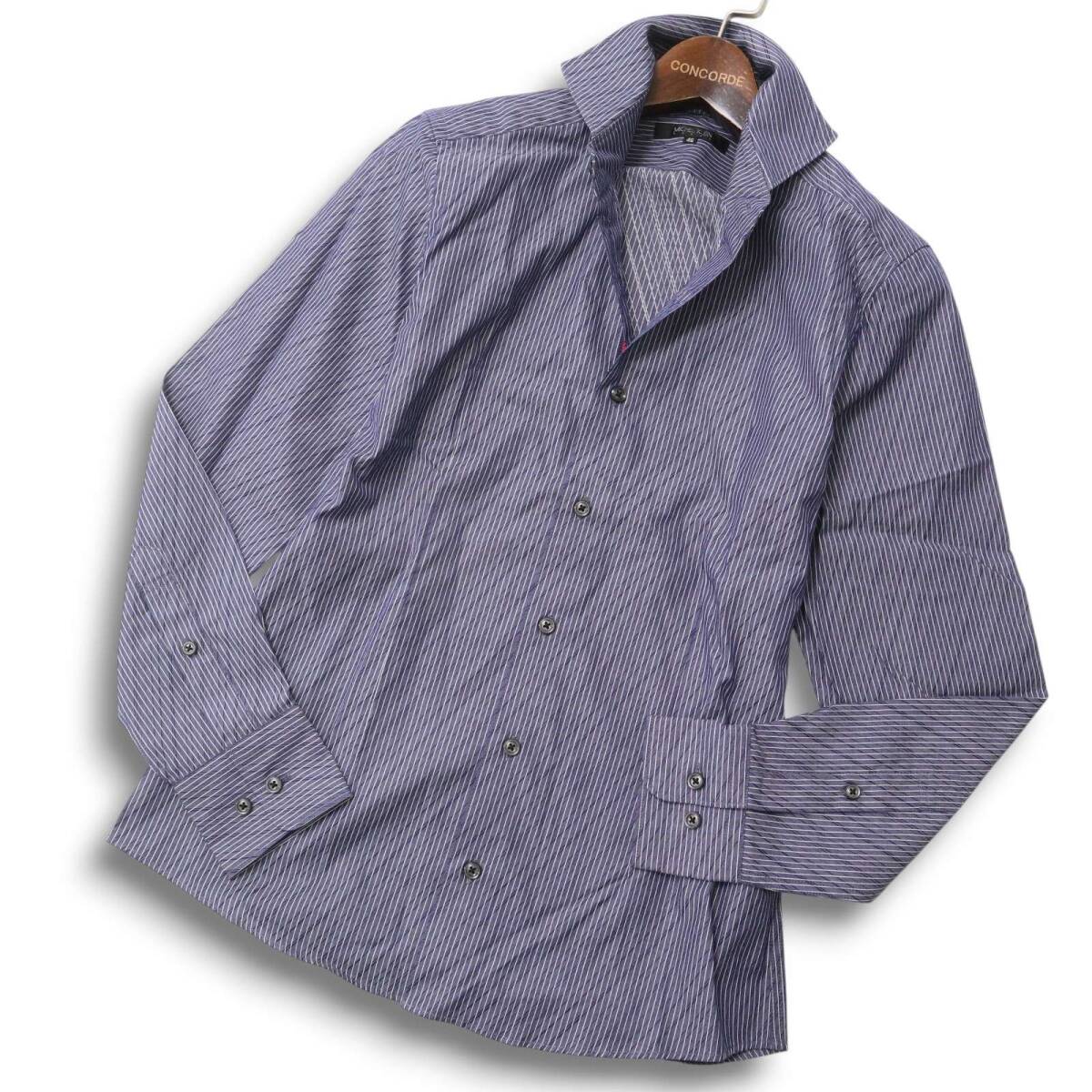 MICHEL KLEIN HOMME ミッシェルクラン オム 通年 デザイン ストライプ 長袖 ホリゾンタルカラー シャツ Sz.46 メンズ 日本製拍卖