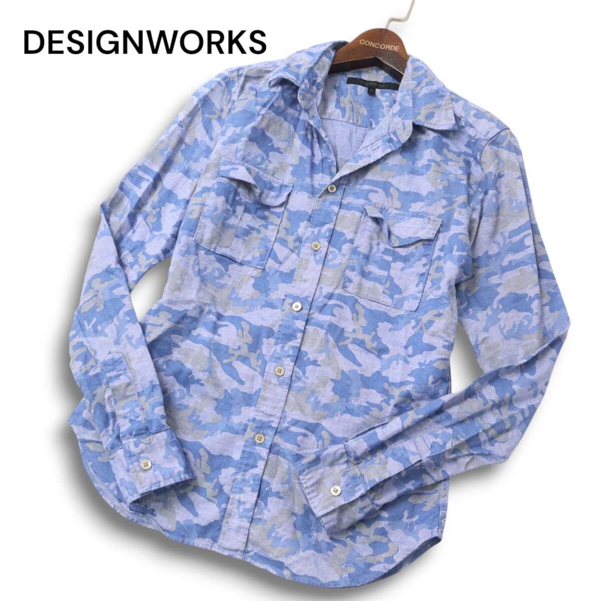 美品★ DESIGNWORKS デザインワークス アバハウス 麻 リネン混 迷彩 カモフラ 総柄 長袖 ワーク シャツ Sz.44 メンズ 日本製拍卖