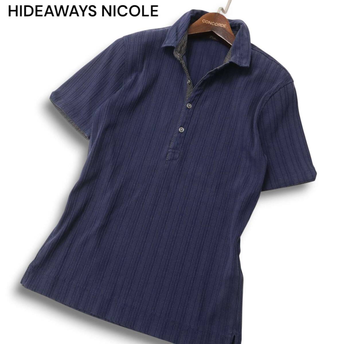 HIDEAWAYS NICOLE ハイダウェイ ニコル 通年 襟ワイヤー★ ストライプ リブ 半袖 ポロシャツ Sz.46 メンズ ネイビー拍卖