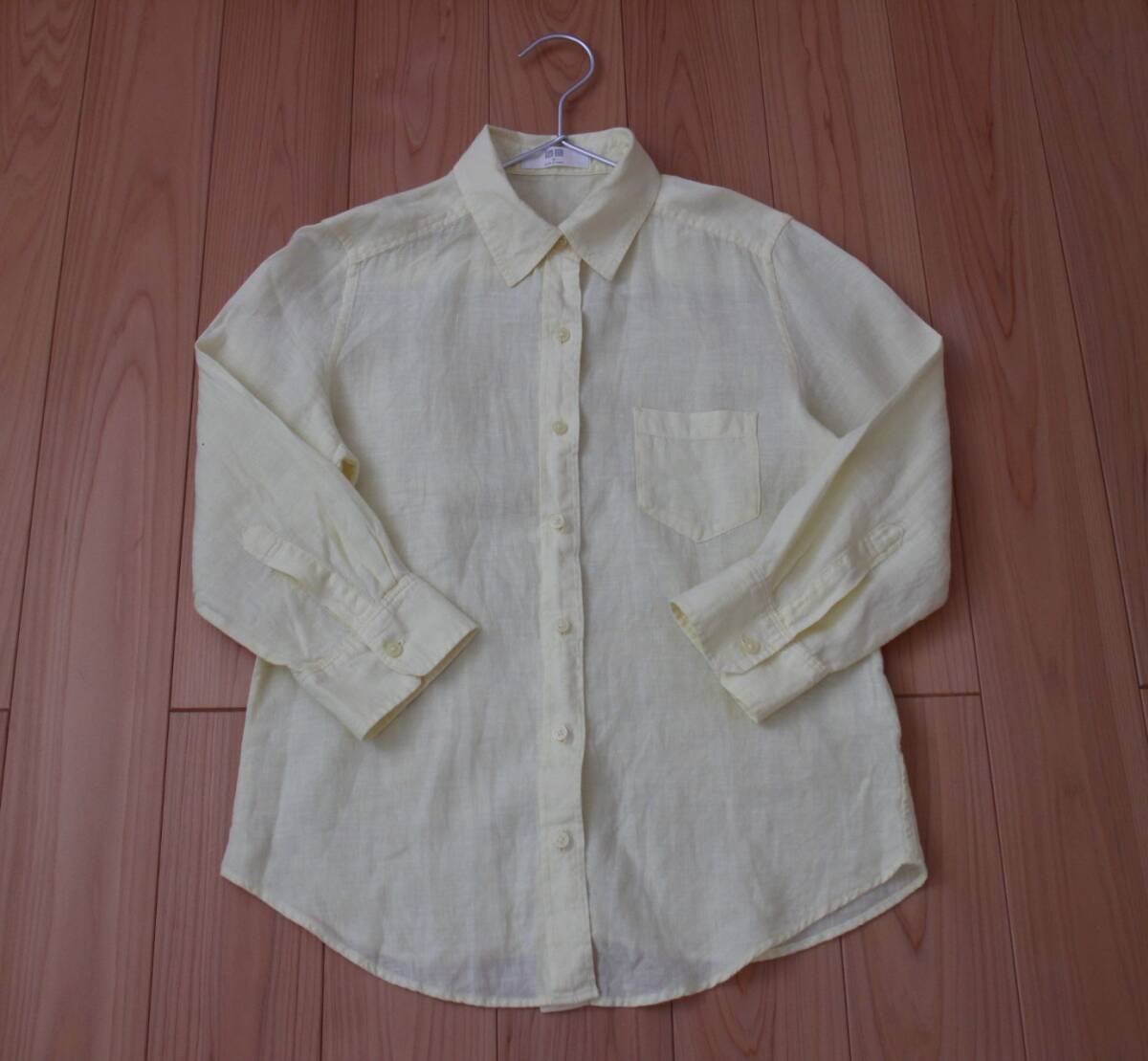 【素敵コスパ♪】大人気*ユニクロUNIQLO*品ある装いプレミアムフレンチリネン100%は織物にもなる麻シャツ M イエロー レディース 黄色 旅行拍卖