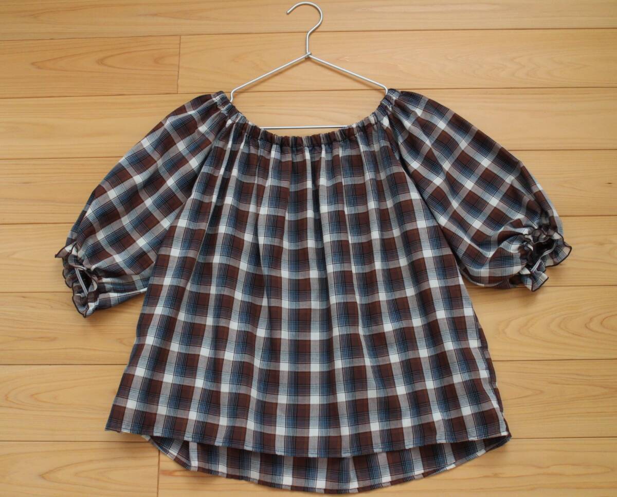 【賢くおしゃれ♪】人気完売*ジーユーGU*大人マドラスチェックパフスリーブフリルギャザーブラウスチュニック M ブルー×ブラウン ヘビロテ拍卖