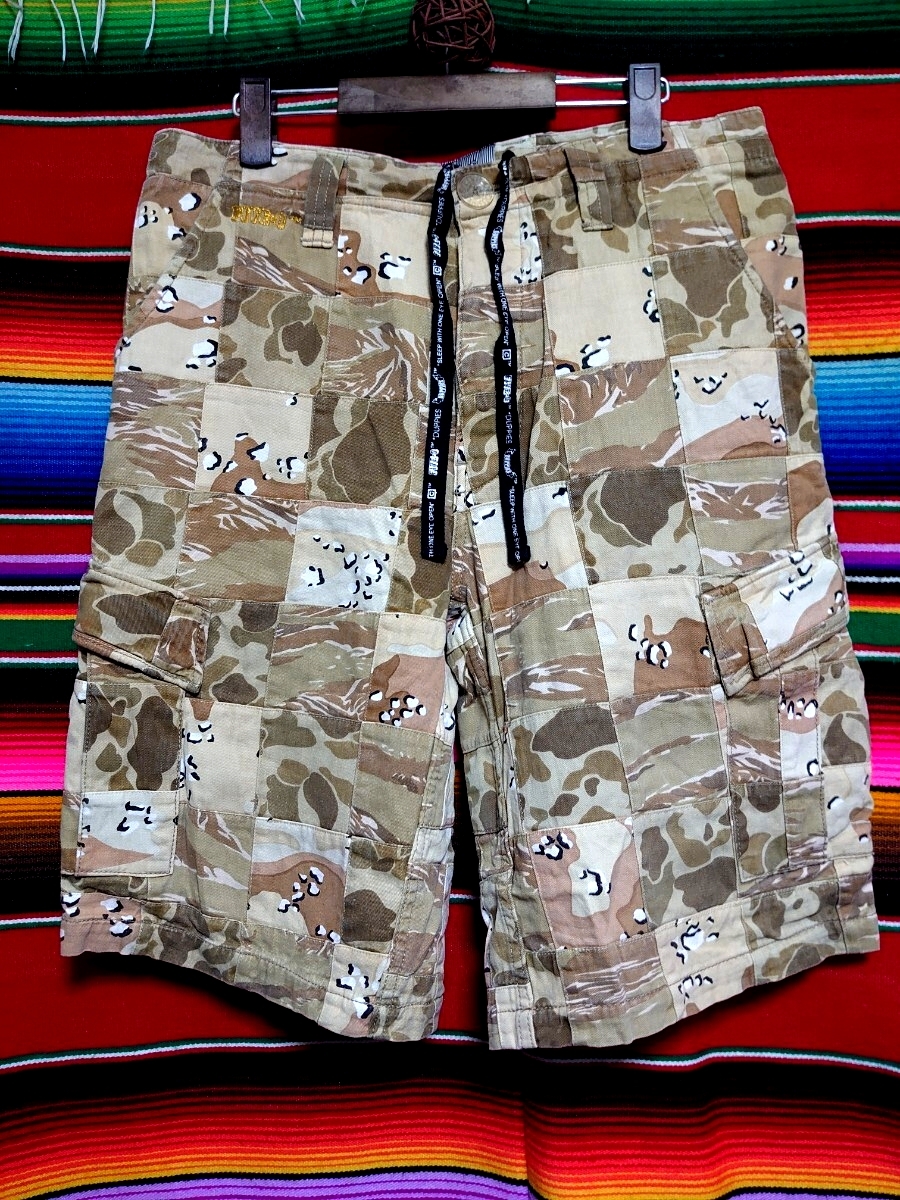 (50)DUPPIES DESTROY BABYLON マルチカモ パッチワーク カーゴ ハーフパンツ Lサイズ マルチカーキ ベージュ クリアーボタンフライ 日本製拍卖