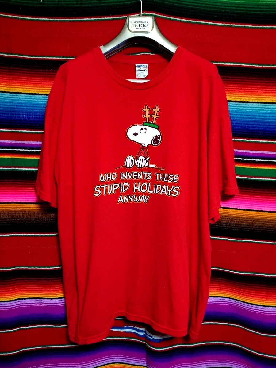 GILDAN ギルダン HOLIDAY SNOOPY プリントTシャツ XLサイズ レッド ホワイト グリーン PEANUT拍卖