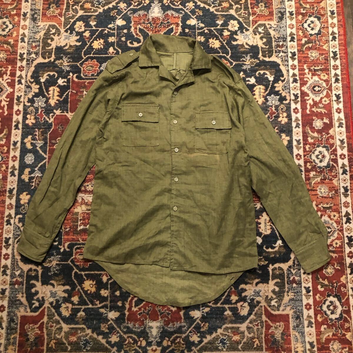 70s Rumania Army ルーマニア軍 ミリタリー 実物 シャツ Euro Vintage ユーロ ヴィンテージ 開襟 カーキ 古着 S相当拍卖