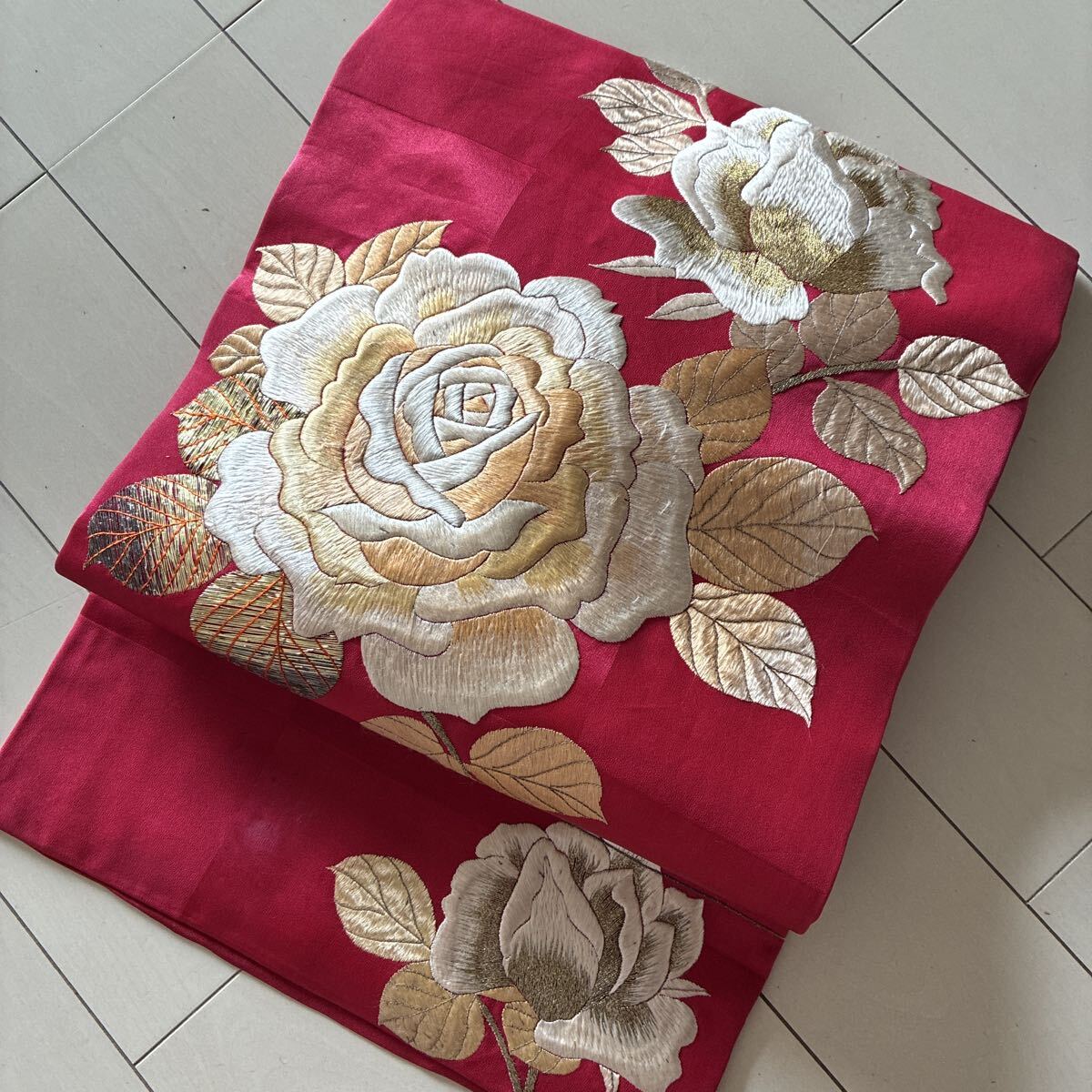 ■C876■アンティーク■正絹■真紅色 バラ柄 全刺繍 手刺繍 名古屋帯■薔薇柄拍卖