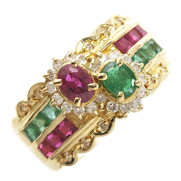 送料無料 本物 デザインリング 指輪 K18YGイエローゴールド エメラルド0.55ct ルビー0.89ct FD0.26ct 11号 仕上げ済み アクセサリー拍卖