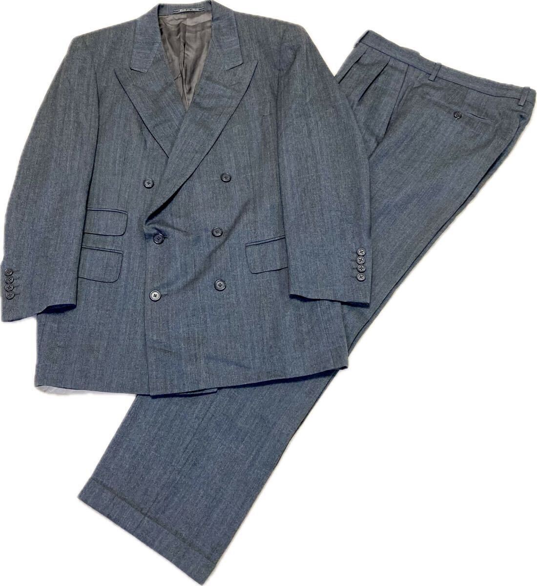 イタリア製★ダンヒル♂ピュアウールピークダブルスーツ★グレーにブルーウインドウペン拍卖