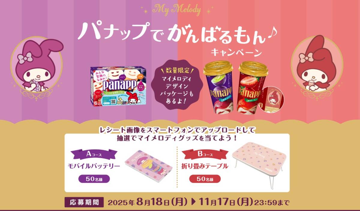 懸賞 応募 パナップ マイメロディ モバイルバッテリー 折り畳みテーブル 当たる レシート拍卖