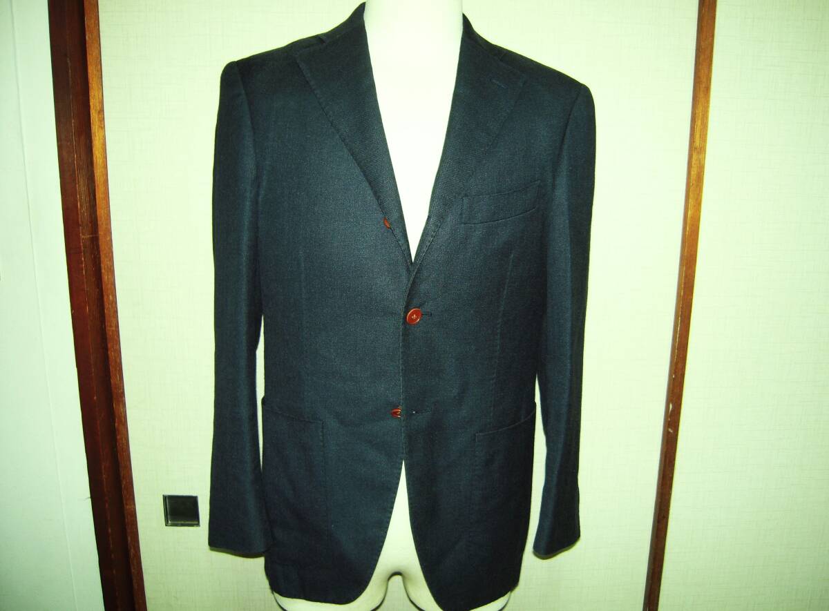 UNIVERSAL LANGUAGE ユニバーサルランゲージ 美品 ジャケット イタリア ANGELICO社 高級 ウール&シルク 紺 背抜 サイドベンツ 段返り3釦 44拍卖