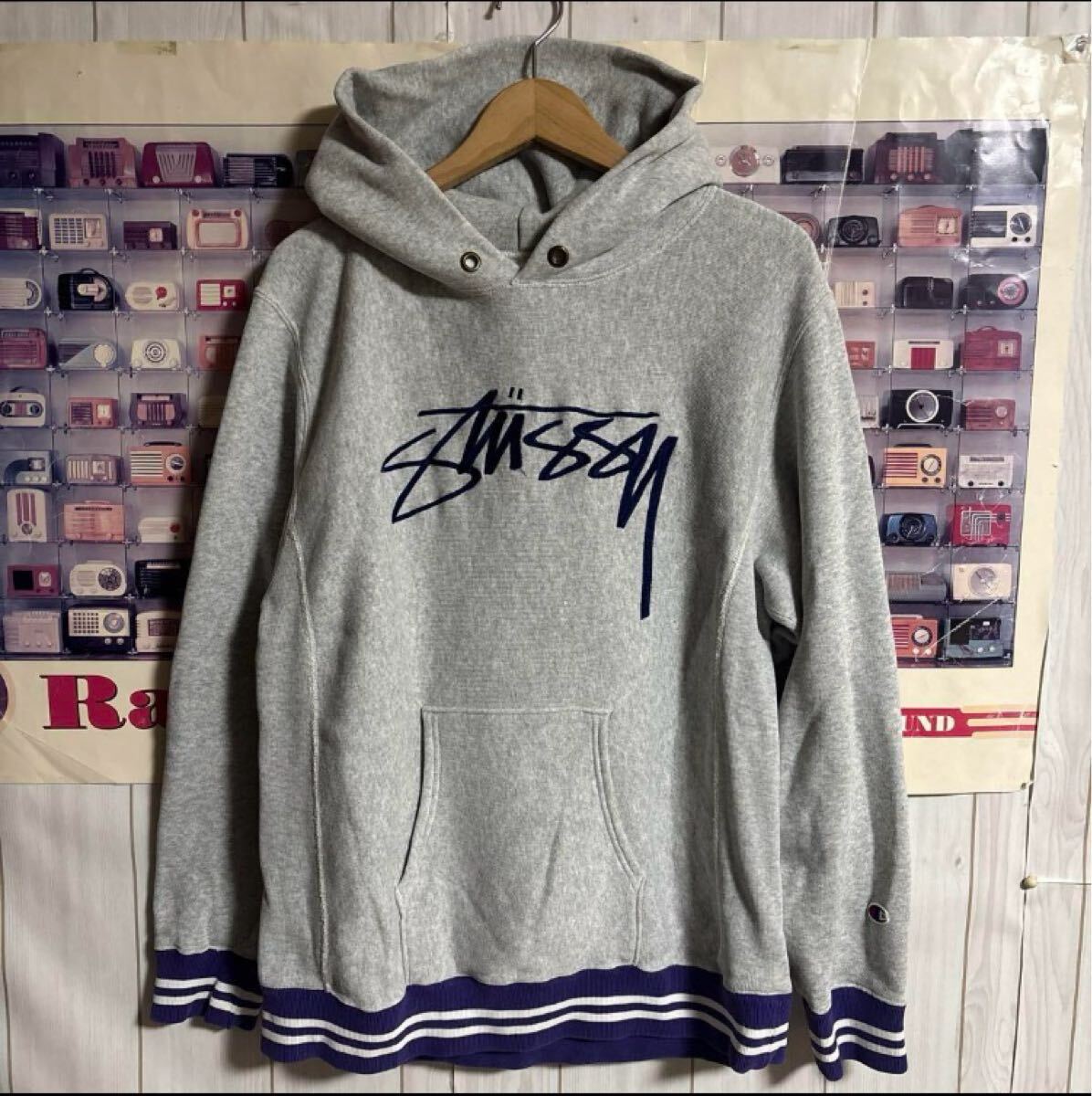 極上STUSSY x CHAMPIONリバースウィーブ刺繍ロゴリブラインスウェットパーカー フーディー拍卖