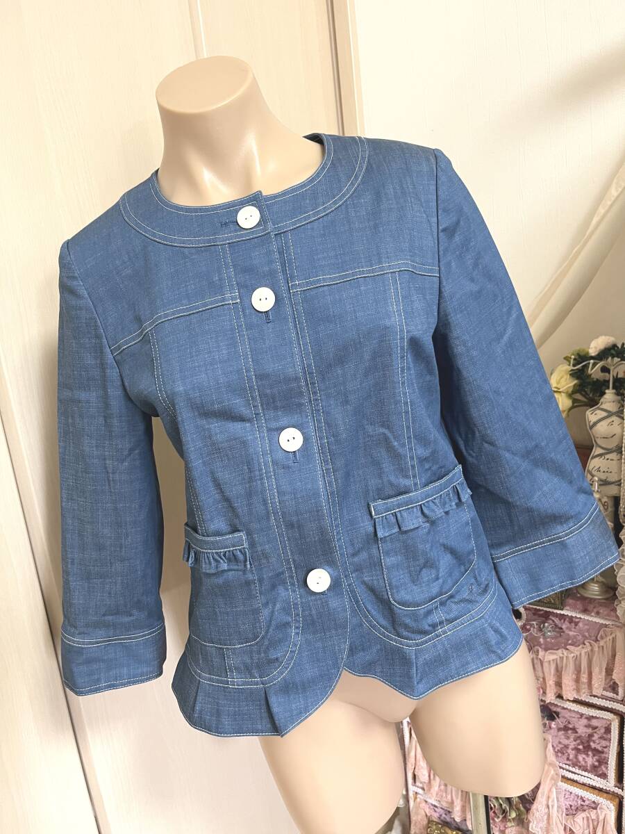 40サイズ:ウンガロ【ungaro】日本製◆ストレッチジャケット/裏地無し*ノーカラー:デニムブルー拍卖