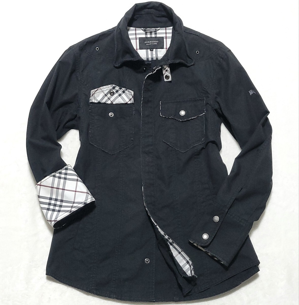 美品 バーバリーブラックレーベル BURBERRY BLACKLABEL 長袖 シャツ ボタンシャツ ノバチェック ホースロゴ ワイヤー メタルボタン メンズ拍卖