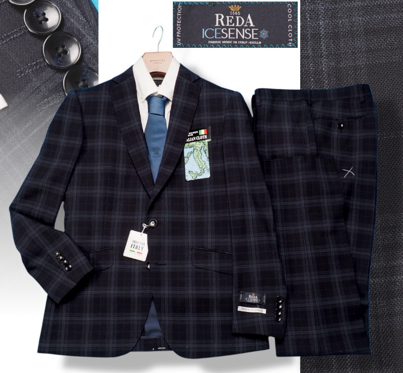 新品9.7万円 大手百貨店扱い 日本製 春夏『REDA レダ ICESENSE 伊製生地』ウール100% チェック柄 スーツA4紺(B) 1705091拍卖