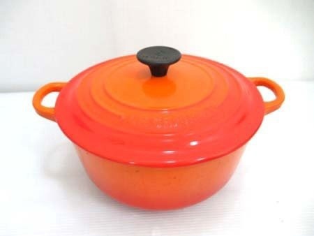 ルクルーゼ LE CREUSET ココットロンド オレンジ 20cm 両手鍋 蓋込み高さ13.5×最大幅27cm 本体のみ 中古 ■拍卖