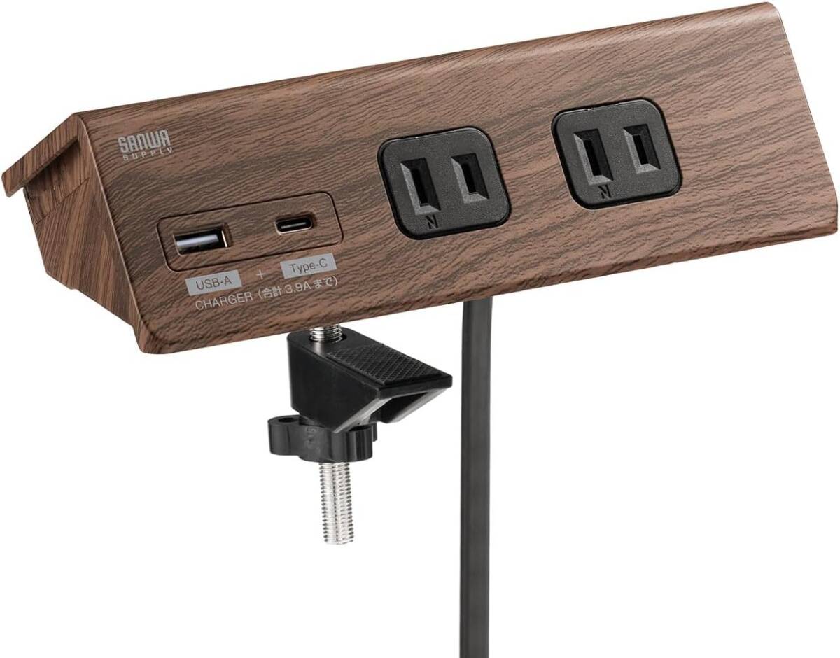【新品】サンワダイレクト 卓上電源タップ クランプ 固定式 AC4個口 USB-C×1/USB-A×1 3m 一括集中スイッチ ブラウン拍卖