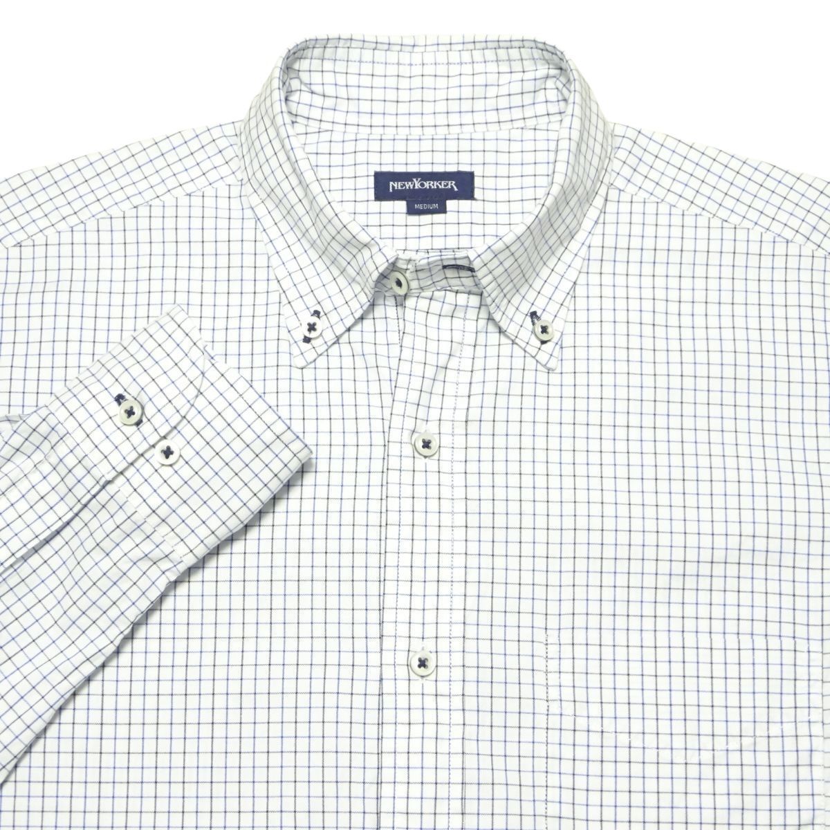 ★良品♪ニューヨーカー★ボタンダウンシャツM/タッターソールチェックシャツ白メンズ長袖シャツNEWYORKERワイシャツビジネスシャツ拍卖