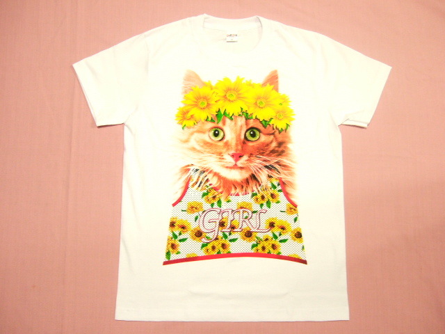 横浜最新 可愛いひまわりと猫♪爽やか白T 魅惑のTシャツ M, L 送料無料ξtsξanξA4拍卖
