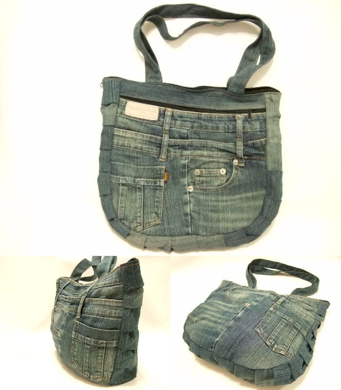 横浜最新 魅惑のデニム肩掛けトートバッグ タック柄♪リメイクオリジナルバッグ 横巾39cm 縦33cm まち7cm 送料無料ξblξ ξ86拍卖