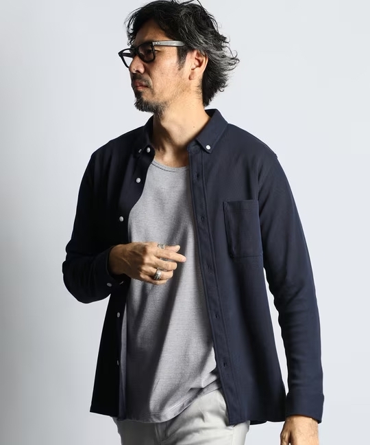 【定価12,100円】The DUFFER of ST.GEORGE 2025SS 速乾・防シワ COOLFIBER 台衿付 ビジカジ 綺麗目 鹿の子シャツ ネイビー S拍卖