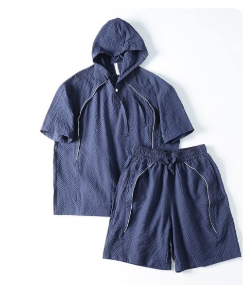 上質2XL/ネイビー 新品 シアサッカー サマーセットアップ上下 メンズ セットアップ 吸水速乾 半袖 パーカー ショートパンツ 盛夏 半パン拍卖