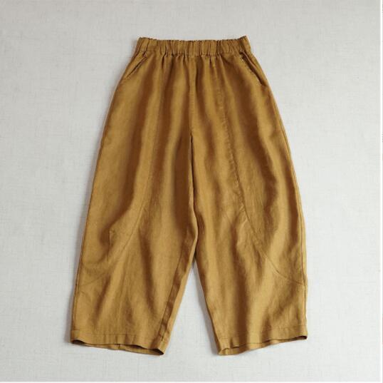 高品質パンツ ズボン ヒダ 麻100% リネン RINEN 通気性手触り抜群 ゆったり オシャレ フリーサイズ ナチュラル 生姜色系拍卖