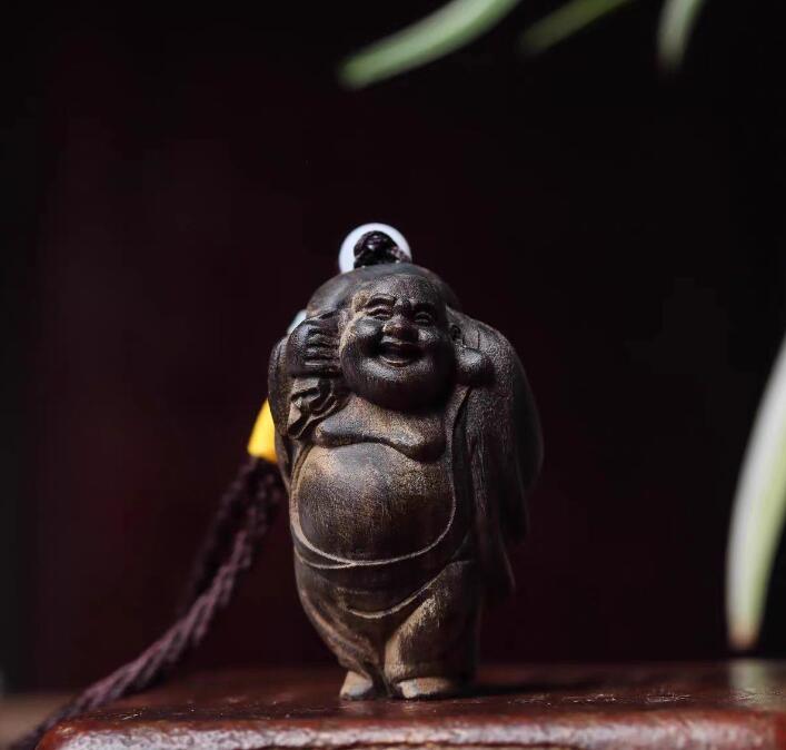 人気品布袋様 小型 木彫り 沈香(じんこう) 稀少香木 木製仏像 金運 置物拍卖