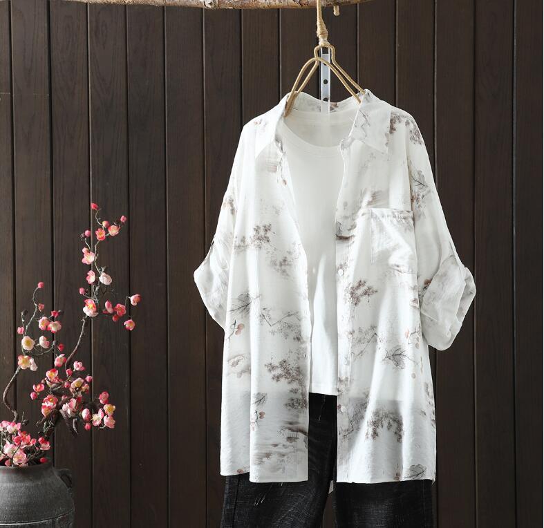 新入荷カーディガン フリーサイズ ワイシャツ チュニック トップス ナチュラル 綿100% 通気性肌触り抜群 サラサラ プリント花柄拍卖