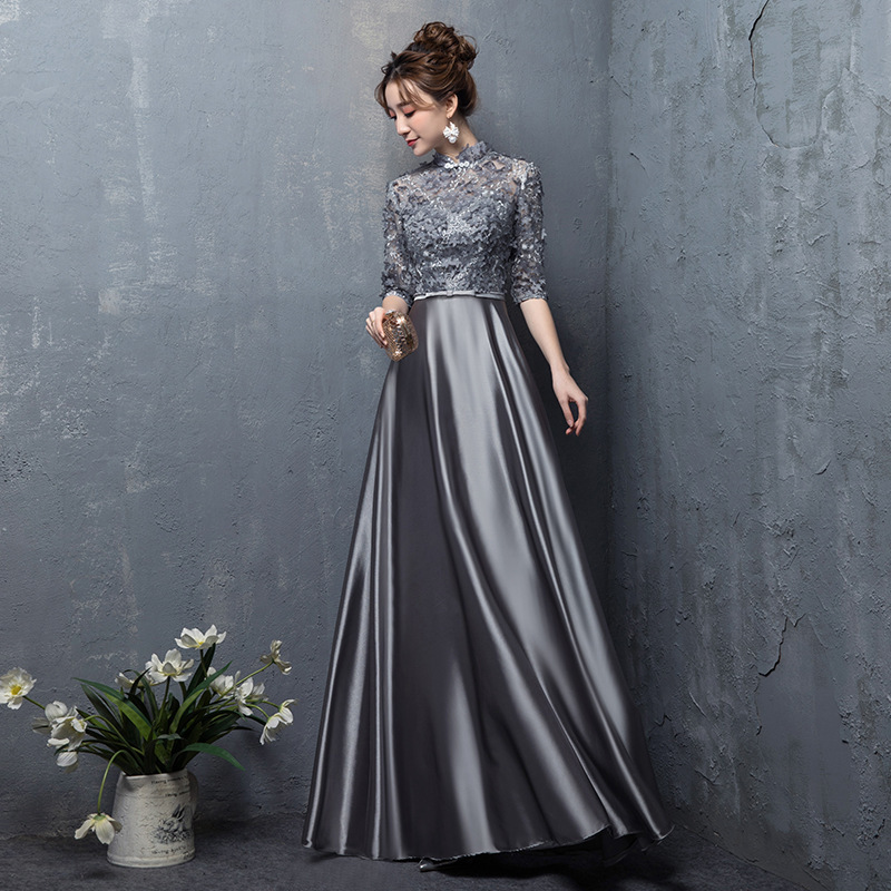 新入荷 復古調 ロングドレス ワンピ パーティドレス ナイトドレス 立ち襟 5分袖小さい~大きいサイズ 二次会 演奏会 舞台 撮影 サイズ選択可拍卖