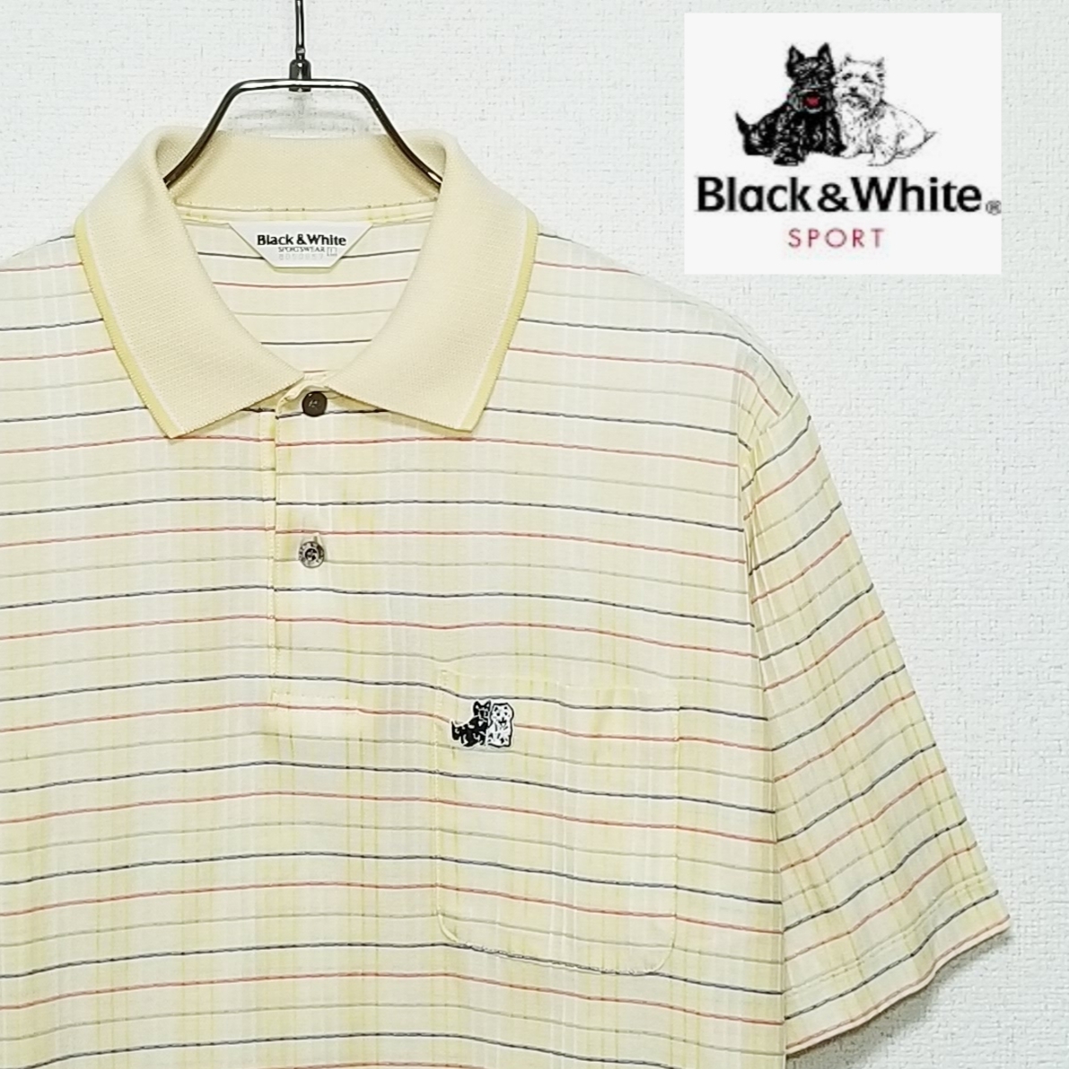 【美品】◎ Black&White ブラック&ホワイト/ 半袖 ワンポイント刺繍ロゴ チェック柄 ポロシャツ 胸ポケット SIZE: L イエロー系拍卖