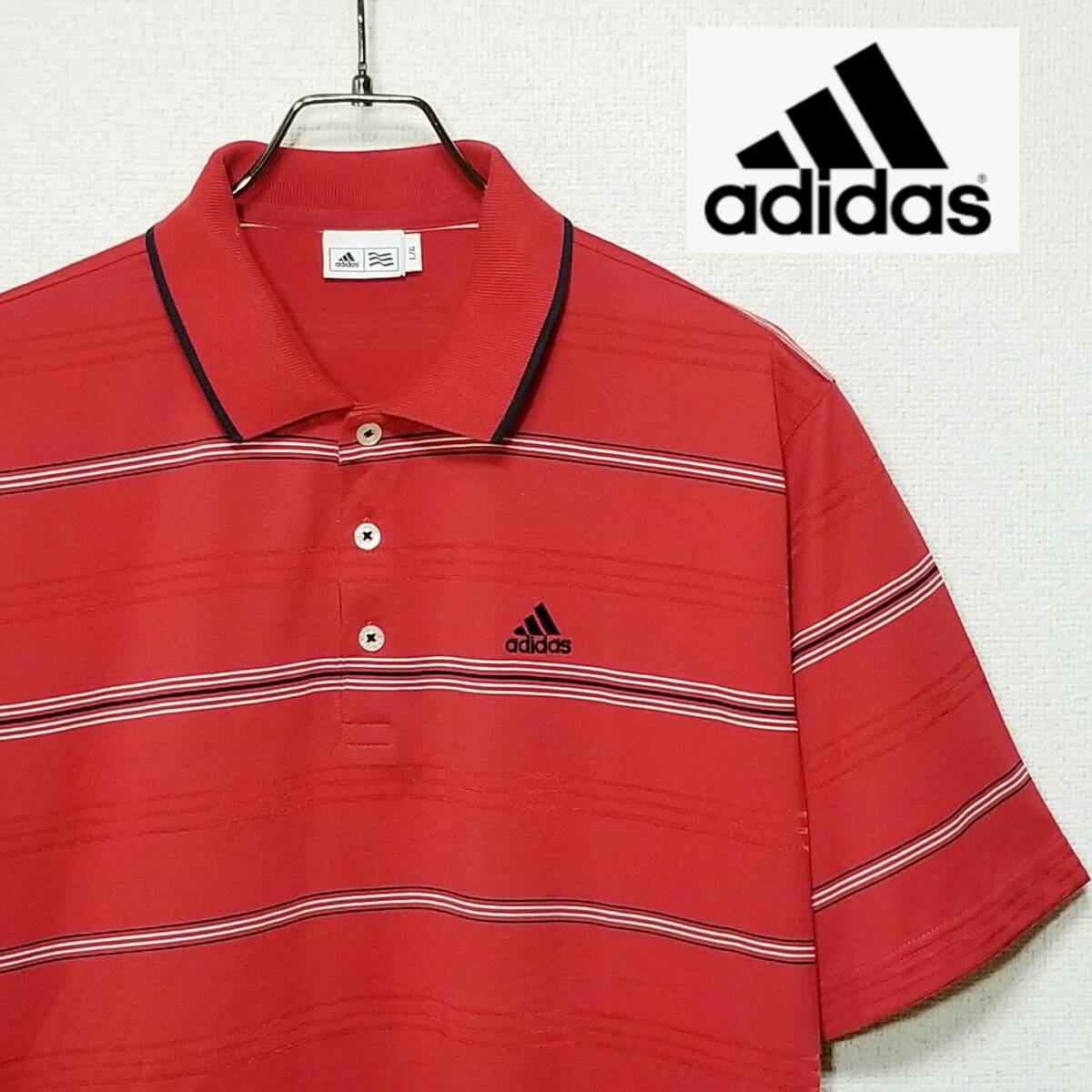 【美品】◎ adidas アディダス/ 半袖 ワンポイント刺繍ロゴ ボーダー ポロシャツ ゴルフウェア SIZE: L レッド拍卖