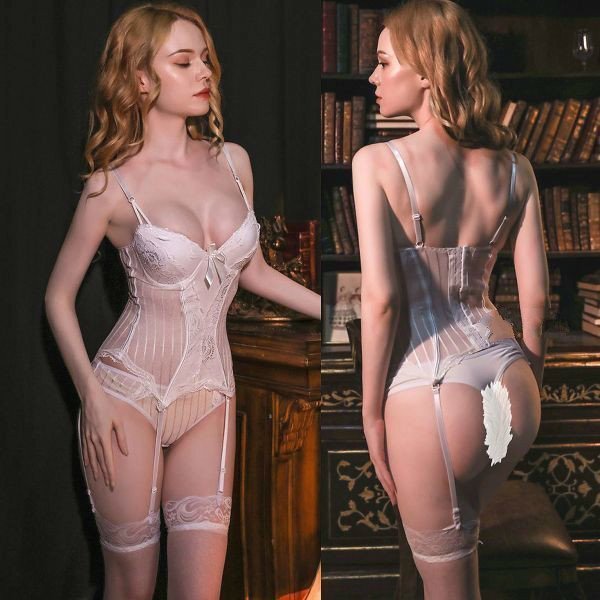 最新作. 高品質 (ホワイト/ M ) ワイヤー・美胸 パット入り ガーター ランジェリー ボディースーツ ナイトウェア コスプレBQ160拍卖