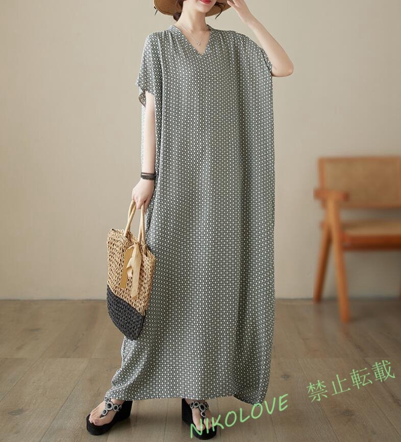 新品春夏 マキシ丈ワンピース 綿麻 小花柄 Vネック 半袖 キレイめ 大きいサイズ ゆるシルエット 体型カバー 大人 復古風 グレー LJ137拍卖
