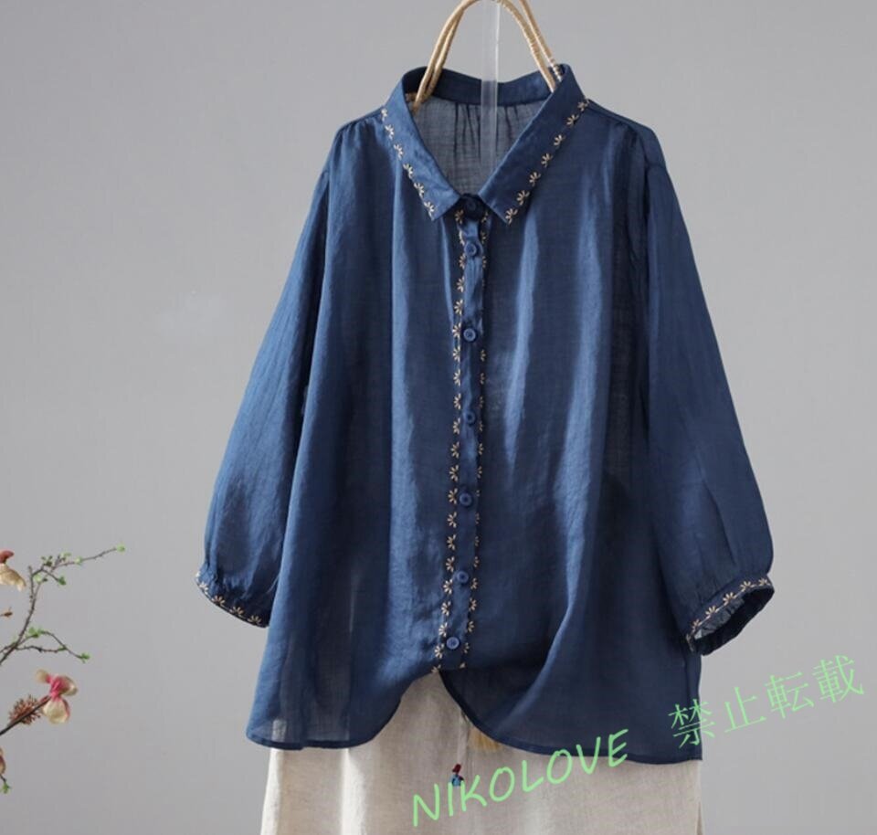 新品綿麻 シャツ レディース ブラウス チュニック ブラウス ナチュラル 着痩せ ゆったり 刺繍り 大人 長袖 リネン ネイビー LH530拍卖