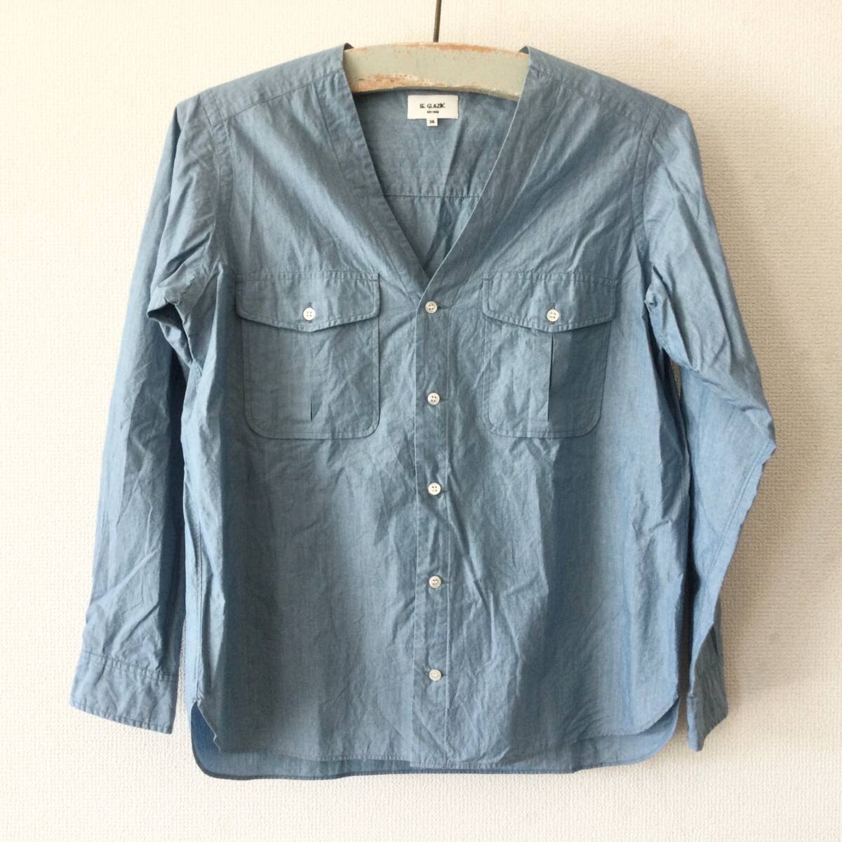 8238 LE GLAZIK ル・グラジック Vネック ノーカラー シャツジャケット 16A-WS-001 レディース 36サイズ コットン 日本製拍卖