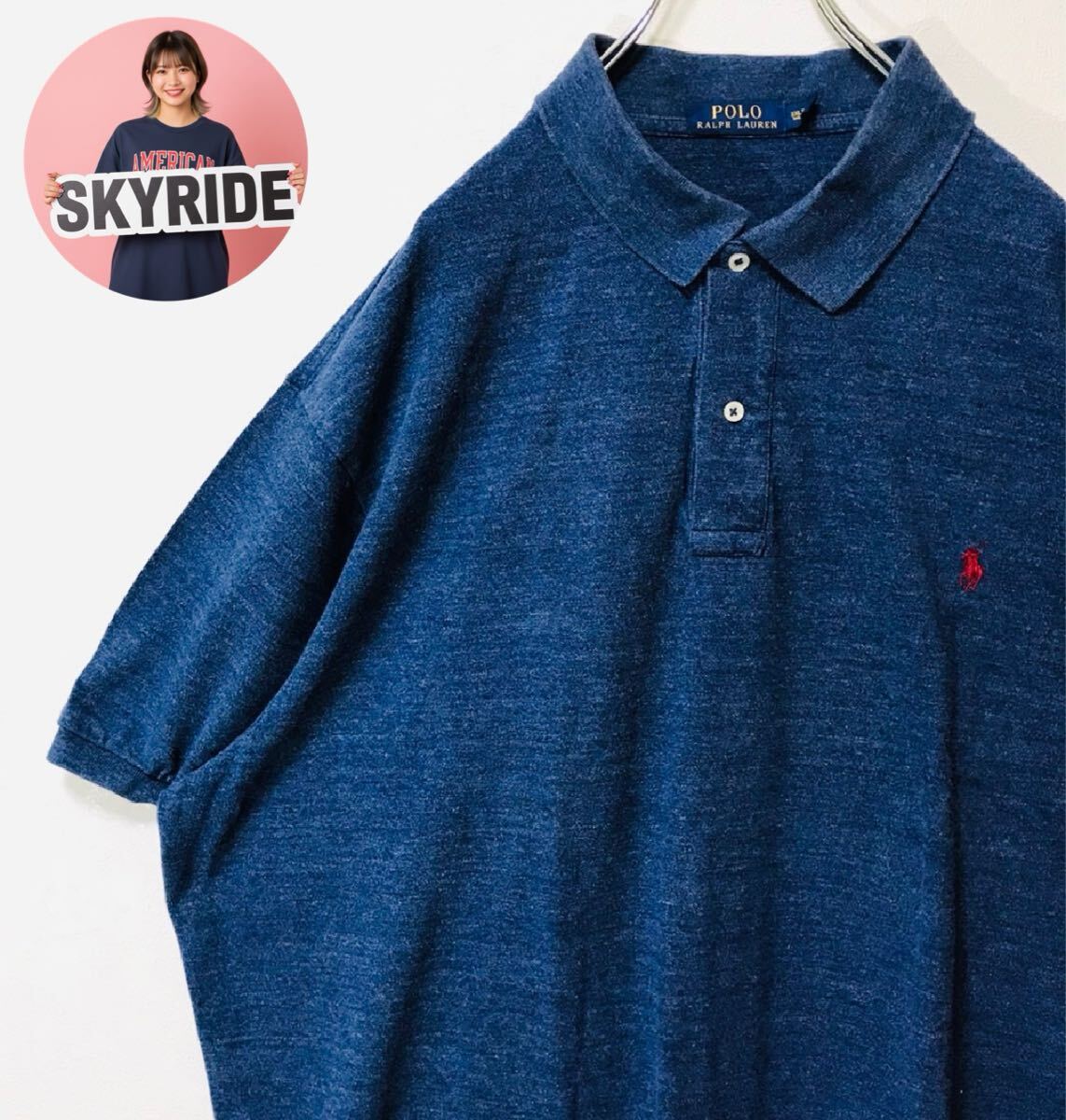 希少 POLO RALPH LAUREN ポロラルフローレン 00s ポロシャツ ネイビー メンズ 3XLT ビッグシルエット ワンポイント刺繍ロゴ 古着 #TT0273拍卖