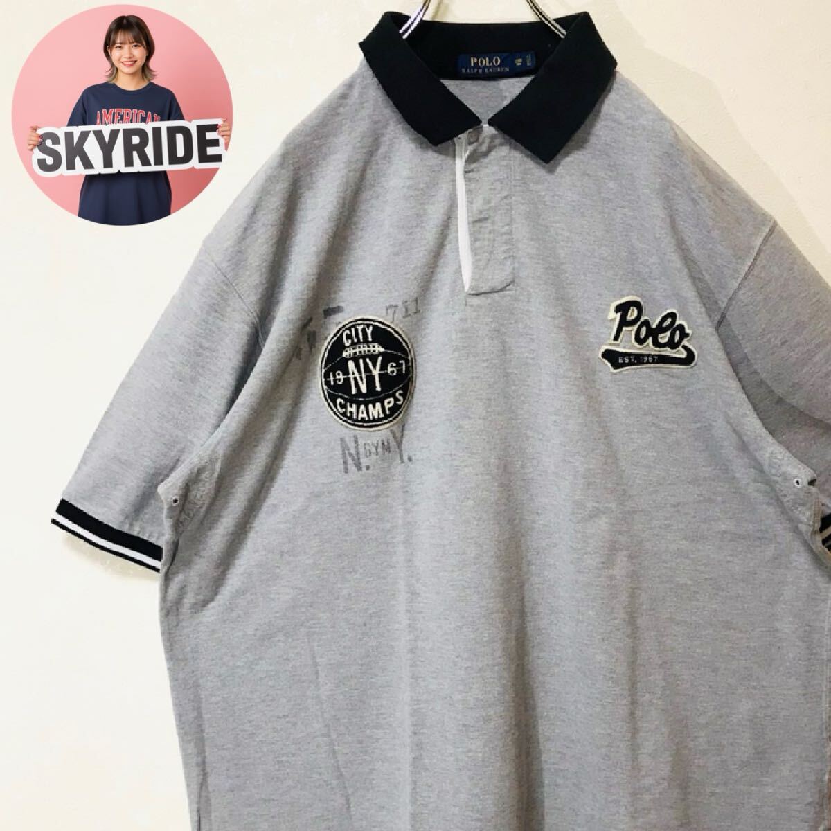 【人気】POLO RALPH LAUREN ポロラルフローレン 00s メンズ ポロシャツ リブ付き グレー 2XB ワッペン 刺繍 ビッグシルエット 古着 #TT0279拍卖