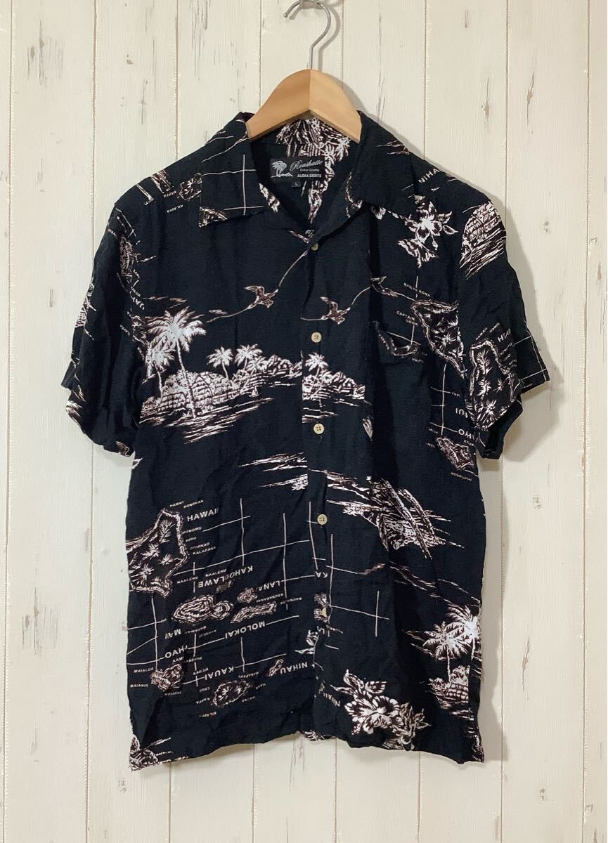 み1688 Roushatte ルーシャット アロハシャツ 半袖シャツ 開襟シャツ L ブラック レーヨン 椰子の木 ハイビスカス拍卖