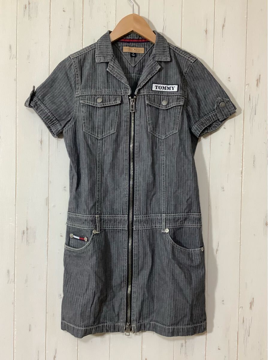 む1642 TOMMY HILFIGER トミーヒルフィガー ジップアップ ヘリンボーン ワンピース M レディース グレー 拍卖