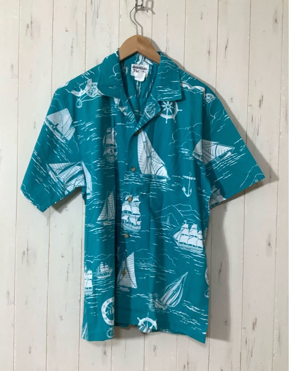 み1672 Hawaiian Flavor ハワイアンフレーバー 総柄 アロハシャツ 半袖シャツ 開襟シャツ L ライトブルー ヨット 船 拍卖