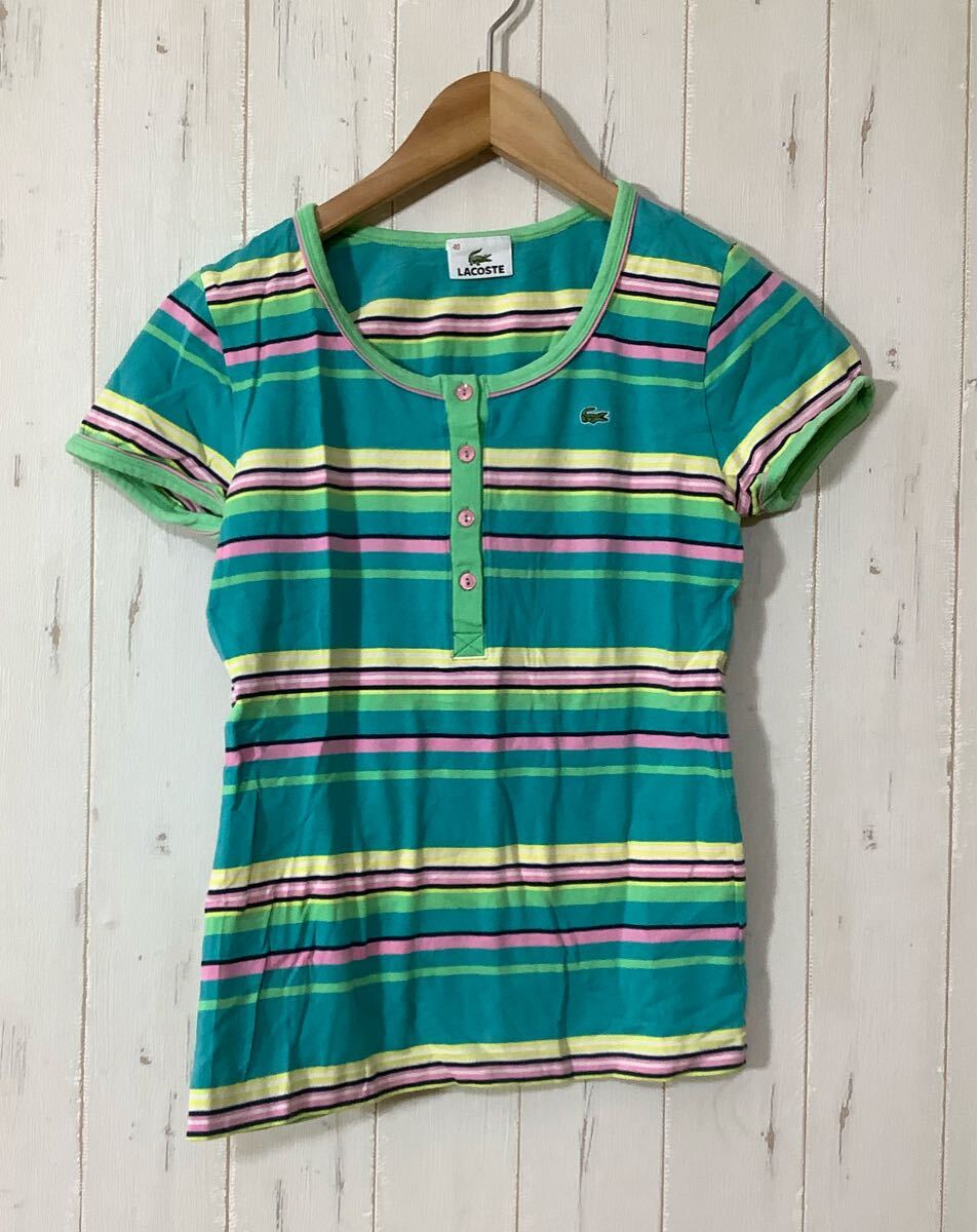や1613 LACOSTE ラコステ ボーダー 半袖カットソー トップス 40 エメラルドグリーン レディース 日本製拍卖