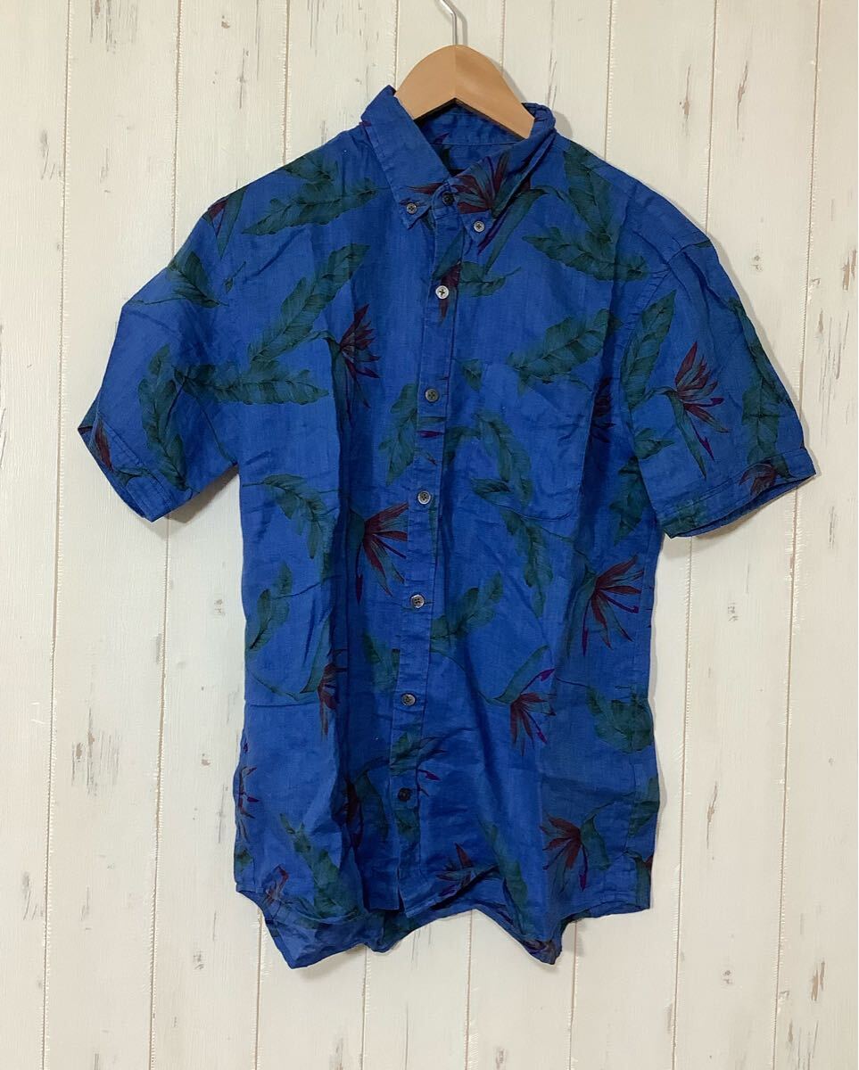 よ1689 BEAMS ビームス リネン半袖シャツ M ブルー ボタンダウン 葉っぱ柄 リーフ柄 拍卖